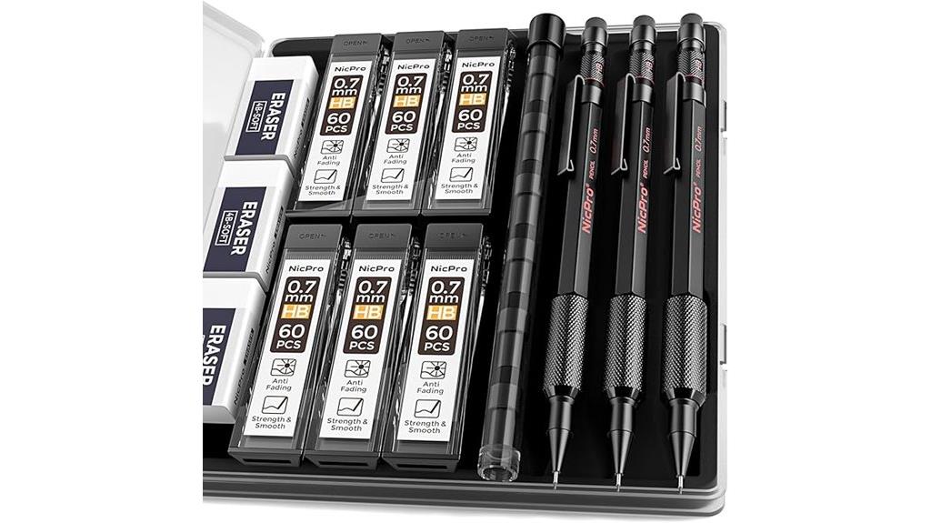three mechanical pencils with case