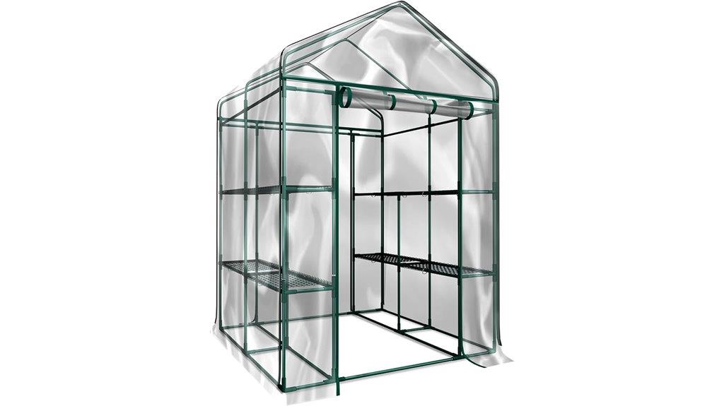 walk in greenhouse with shelves