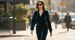 Anne Hathaway Embraces This Season’s Electric Teal In A Luxurious Velvet Set
